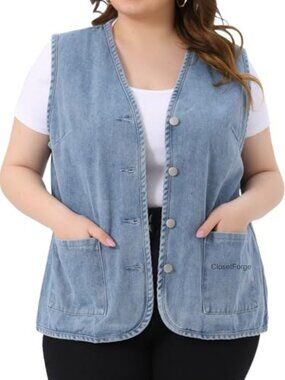 Plus Size Denim Vest Top Button Down V-Neck Sleeveless Jean Jacket Vest